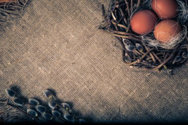 Ahşap arka planda boyanmış Paskalya yumurtaları