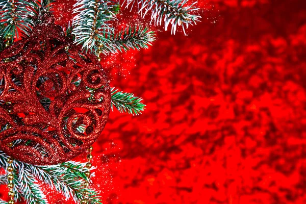 On a red background with spruce branches hanging Christmas — Stock Photo, Image