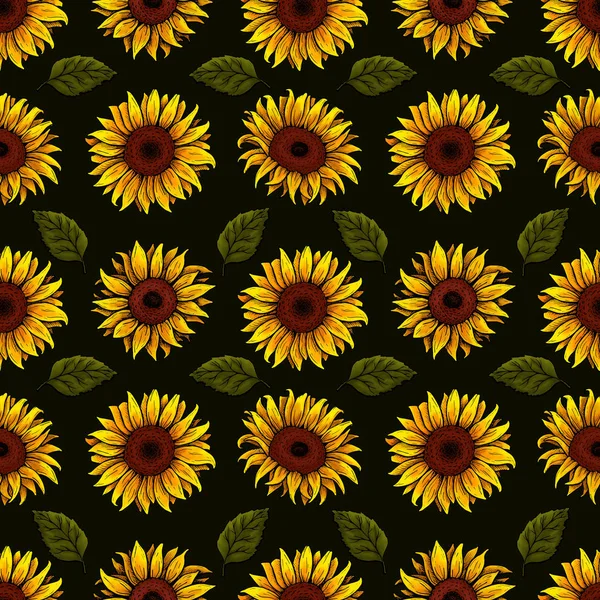 koyu arka plan, dikişsiz desen yaprakları ile ayçiçeği çiçeği