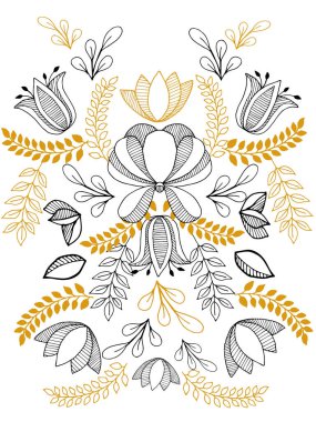 Çiçek ve yapraklarla soyut desen. Siyah ve altın anahatlı desen.