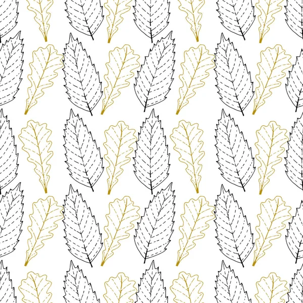 Ağaç yaprakları ile dikişsiz desen. Siyah ve altın anahatlı desen. Kestane ve meşe yaprakları.