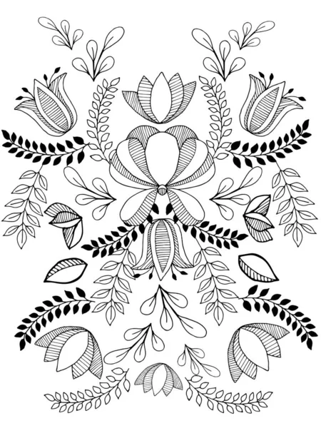 Abstract pattern with flowers and leaves. Pattern with black outline
