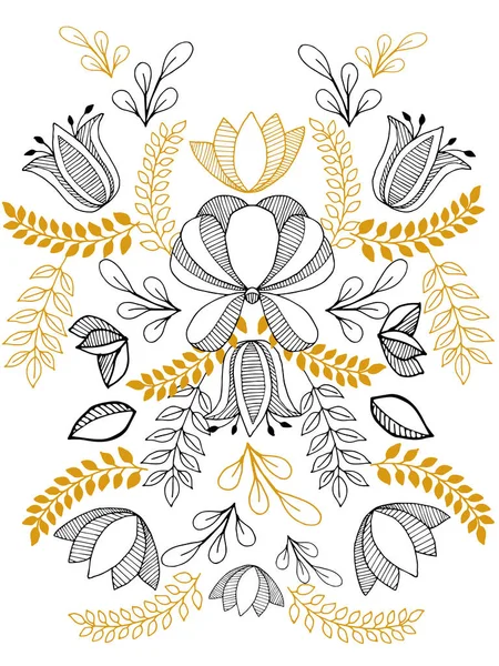 Çiçek ve yapraklarla soyut desen. Siyah ve altın anahatlı desen.