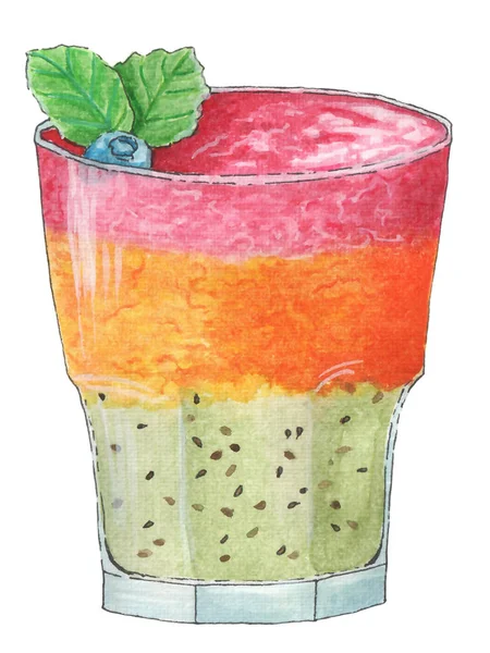 Beyaz bir arka plan üzerinde suluboya boyalı parlak kırmızı-turuncu-yeşil smoothie.
