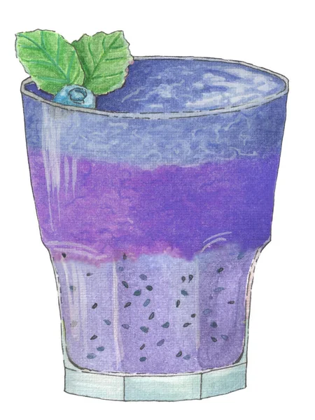 Beyaz arka plan üzerine suluboya boyalı parlak mor-mavi smoothie.
