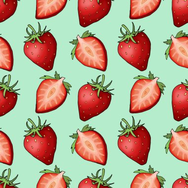 Mavi arka plan üzerinde çilek ile dikişsiz desen.