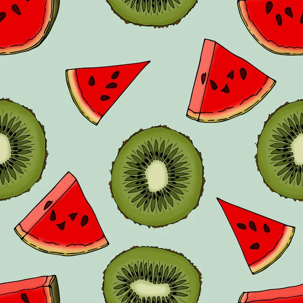 Mavi arka plan üzerinde kivi ve karpuz ile dikişsiz desen