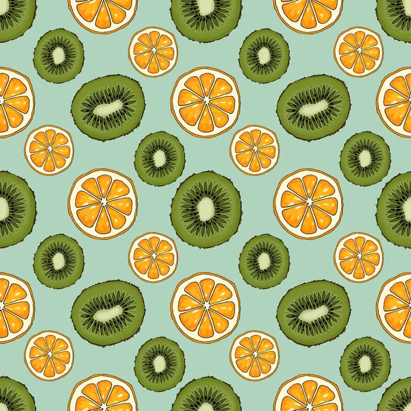 Mavi arka planda portakal ve kivi ile dikişsiz desen.