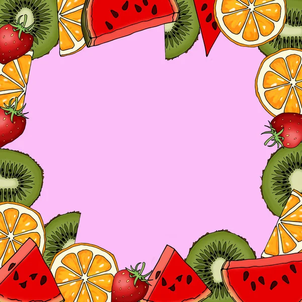 Padrão Com Mistura Frutas Fundo Rosa Uma Mistura Frutas Kiwi — Fotografia de Stock
