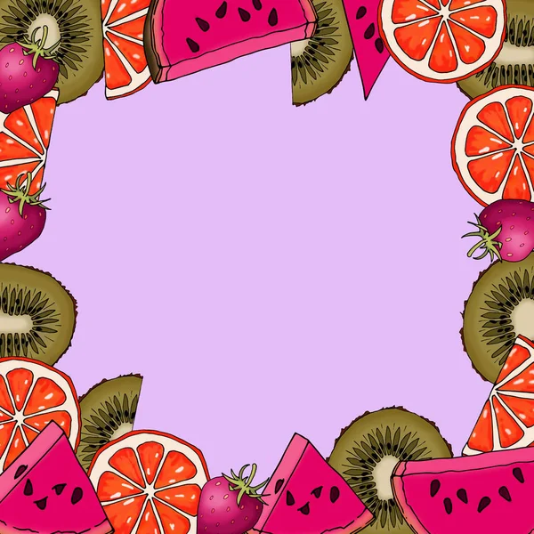 Pattern with fruit blend on pink background. A mixture of fruit from kiwi, orange, watermelon, strawberries.