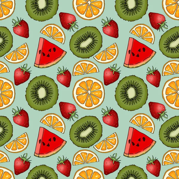 Seamless pattern with fruit blend on blue background. A mixture of fruit from kiwi, orange, watermelon, strawberries.