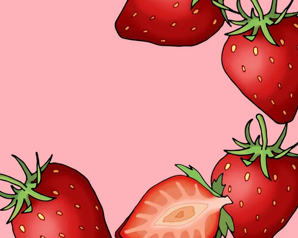 Aardbeien Geschilderd Roze Achtergrond — Stockfoto