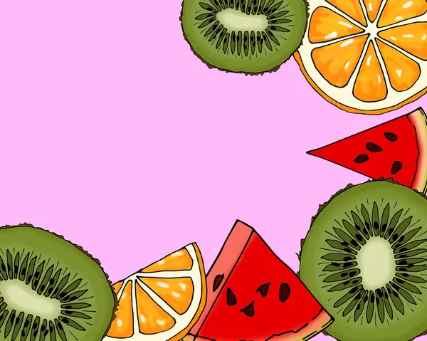 Meyve ve çilek pembe bir arka plan üzerinde boyalı.