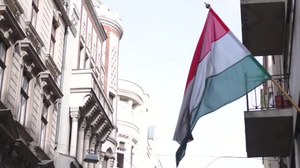 Een Hongaarse vlag zwaaiende in de wind — Stockvideo