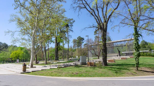 Debrecen Hungría 04 19 2019 jóvenes se sientan en las escaleras del escenario al aire libre y disfrutan del buen tiempo en Debrecen en el parque del Gran Bosque — Foto de Stock