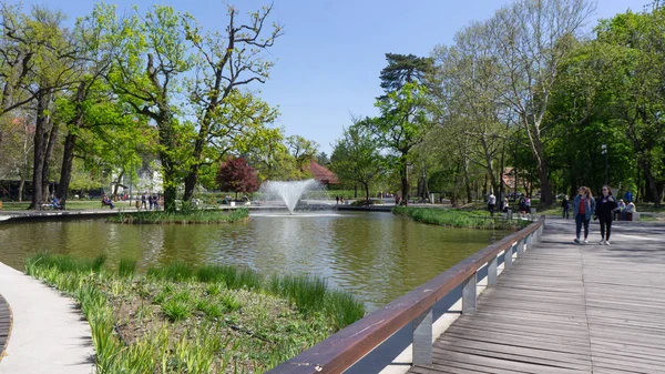 Debrecen Hungría 04 19 2019 turistas y lugareños disfrutan de la buena época en Debrecens Great Forest Park — Foto de Stock