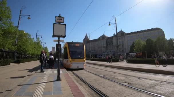 Debrecen Macaristan 04 19 2019 tramvay 2 Debrecen timelapse durağında geldi — Stok video