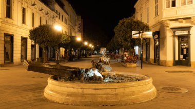 Gyor, Macaristan 08 10 2019: Geceleyin Macar şehri Gyor 'da bir teknede kürek çeken adam heykeli