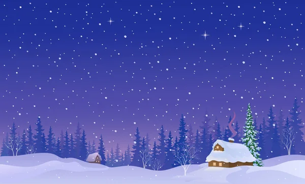Vector Cartoon Drawing Snowy Night Village Forest Royalty Free Stock Illustrations