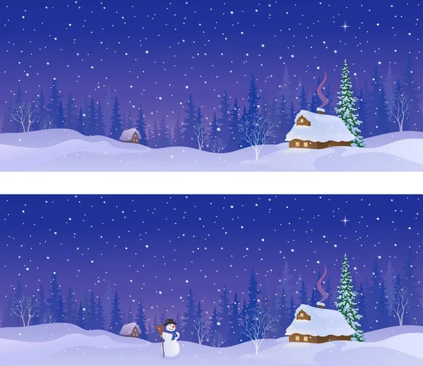 Vector Illustration Snow Covered Village Winter Night Panoramic Banners Royalty Free Stock Vectors