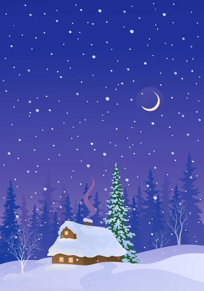 Vector Illustration Snow Covered Log Cabin Snowy Night Vertical Background Stock Illustration