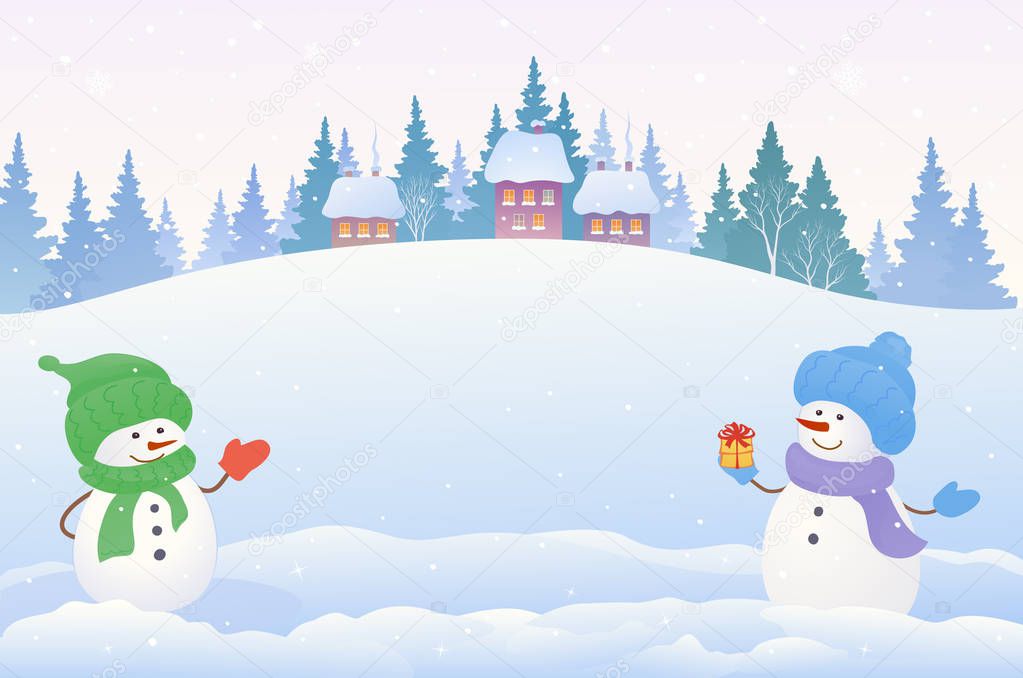 Download Clipart: snow scenery | Vector Cartoon Drawing Christmas Snow Scene Two Cute Snowmen Copy ...