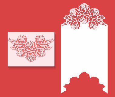 Dantel Kenar, gül deseni ile kağıt tebrik kartı. Kesim için şablon kesip. Lazer kesim için uygundur. Lazer kesim zarf şablonu için düğün davetiye