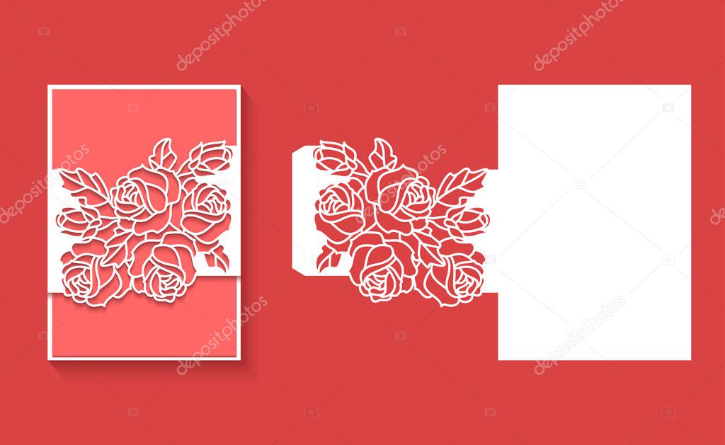 Paper greeting card with lace border, pattern of roses. Cut out template for cutting. Suitable for laser cutting. Laser cut envelope template for invitation wedding card