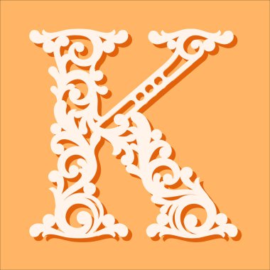 Lazer şablon kesti. İlk monogram harfler. Süslü çiçekli Alfabe harf. Kağıt kesme için kullanılabilir. Çiçek ahşap alfabe yazı tipi mektup. Telkari kesme desen. Vektör çizim.