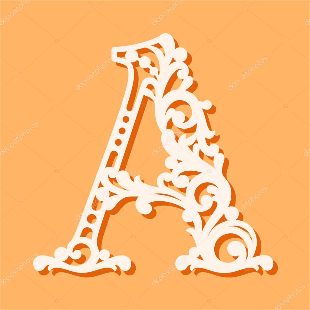 Laser cut template. Initial monogram letters. Fancy floral alphabet letter. May be used for paper cutting. Floral wooden alphabet font letter. Filigree cutout pattern. Vector illustration.