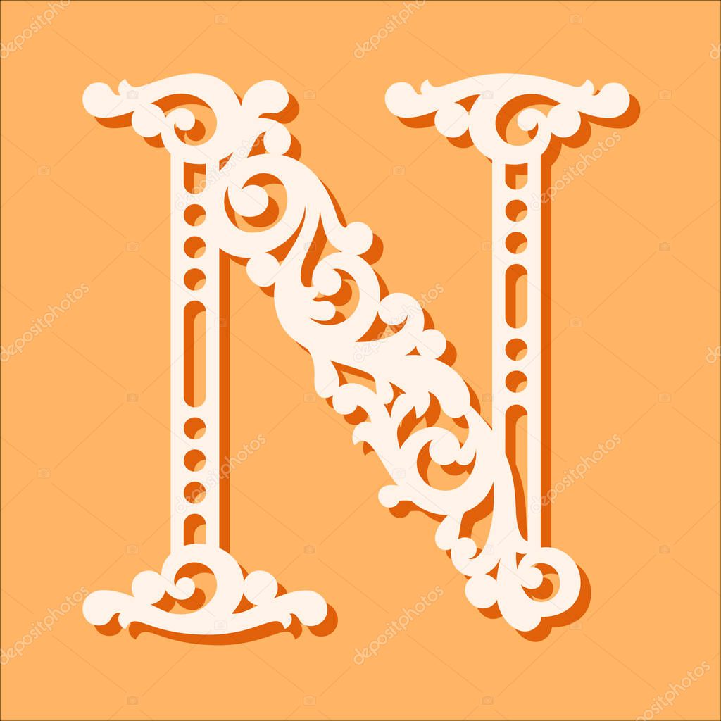 Laser cut template. Initial monogram letters. Fancy floral alphabet letter. May be used for paper cutting. Floral wooden alphabet font letter. Filigree cutout pattern. Vector illustration.