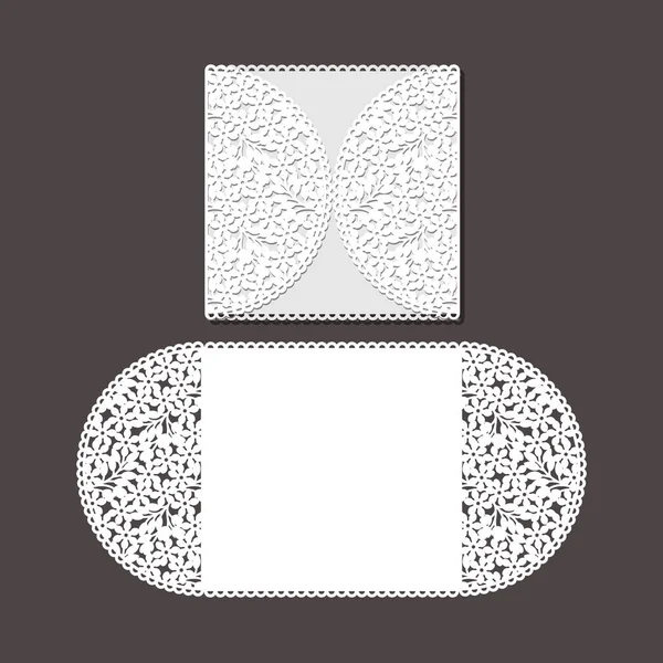 Lasergeschnittene Briefumschlagschablone für die Hochzeitskarte. Papier-Grußkarte mit Spitzenrand — Stockvektor