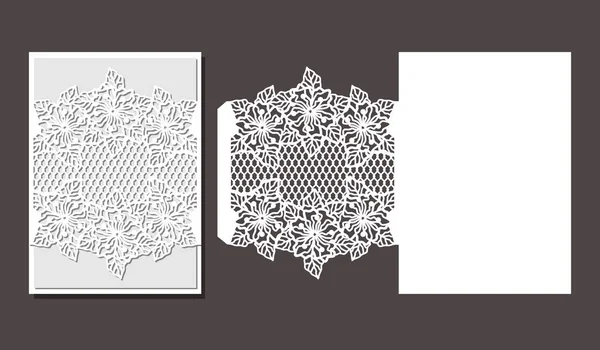 Laser cut envelope template for invitation wedding card. Paper greeting card with lace border — Stock Vector