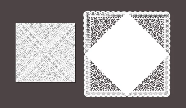 Lasergeschnittene Briefumschlagschablone für die Hochzeitskarte. Papier-Grußkarte mit Spitzenrand — Stockvektor