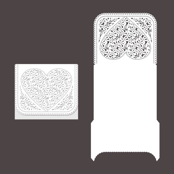 Laser cut envelope template for invitation wedding card. Paper greeting card with lace border — Stock Vector