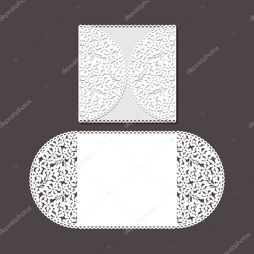 Laser cut envelope template for invitation wedding card. Paper greeting card with lace border