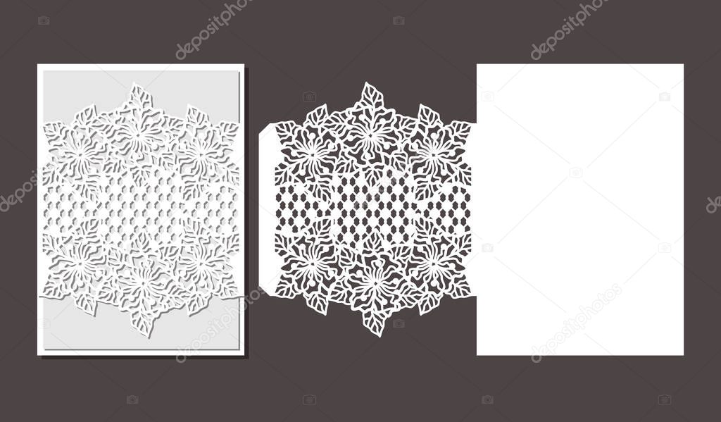  Laser cut envelope template for invitation wedding card. Paper greeting card with lace border
