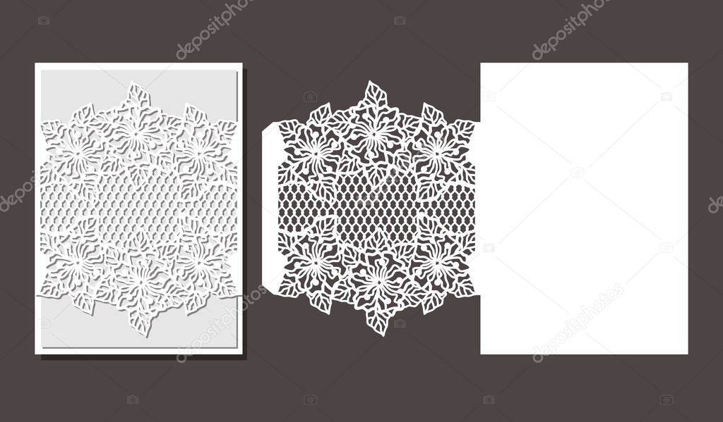  Laser cut envelope template for invitation wedding card. Paper greeting card with lace border
