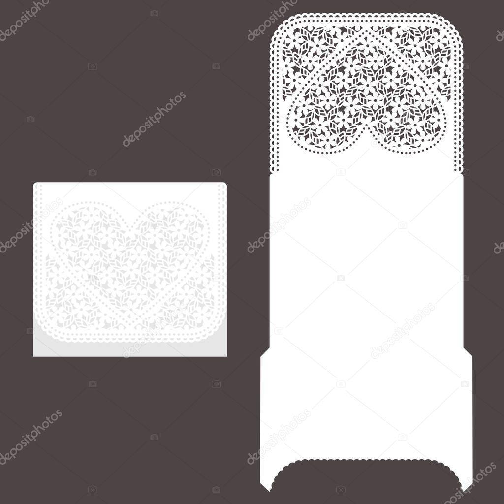Laser cut envelope template for invitation wedding card. Paper greeting card with lace border