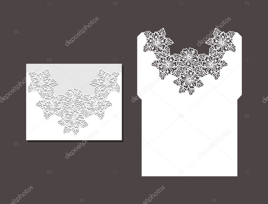 Laser cut envelope template for invitation wedding card. Paper greeting card with lace border