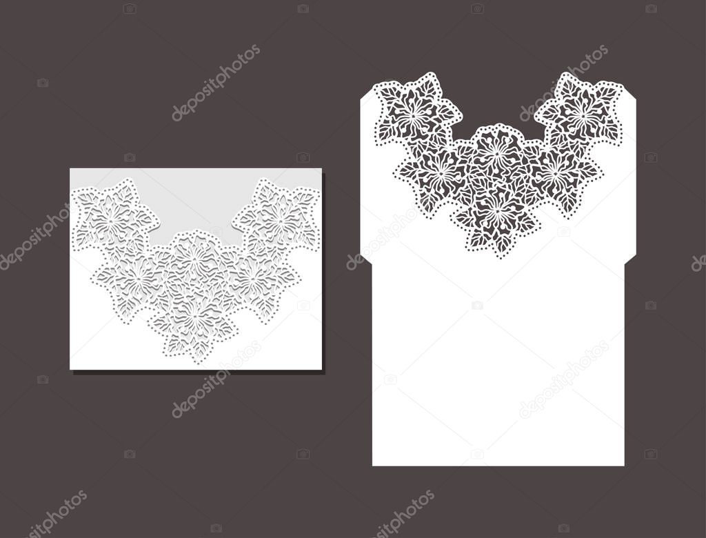 Laser cut envelope template for invitation wedding card. Paper greeting card with lace border