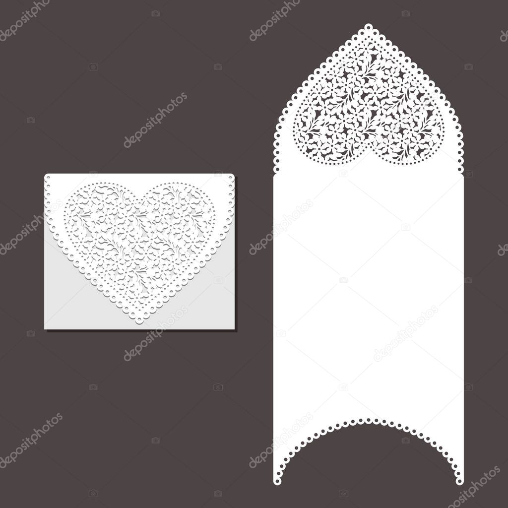  Laser cut envelope template for invitation wedding card. Paper greeting card with lace border