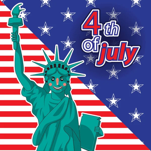Patriot day. Labor day. Statue of Liberty. Vector patriotic illustration for USA holidays. July 4th. Independence Day. Cute cartoon stylized character, full height and close-up. July fourth.