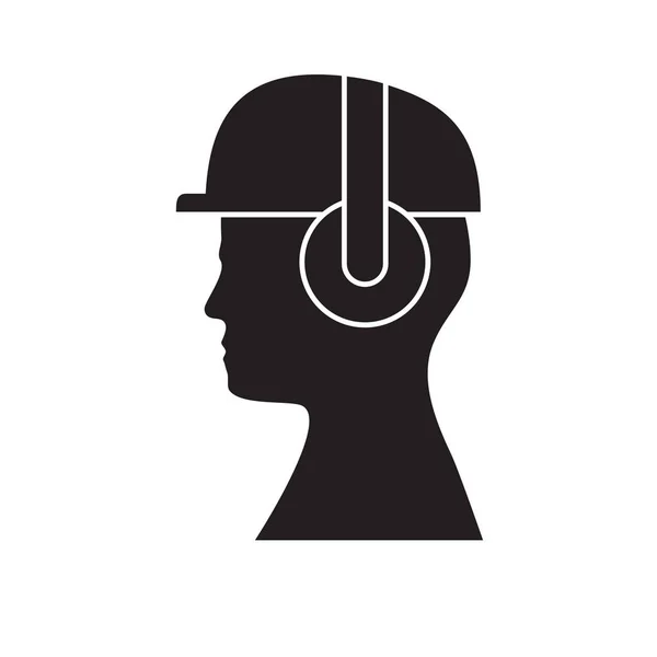 Silhouette of head in hard hat and headphones on isolated white background. Icon. Vector image. — Stock Illustration Silhouette of head in hard hat and headphones on isolated white background. Icon. Vector image. Royalty Free Stock Vectors