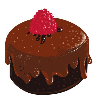 raspberry cake with milk chocolate, nut crumbs, chocolate syrup. illustration.