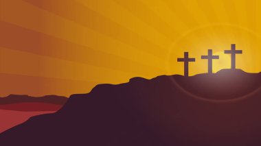 Vektör arka plan Calvary dağının gün batımının arka planda siluet çapraz. Paskalya Kavramı
