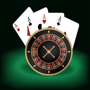 Yeşil ve siyah arka plan üzerinde aspoker ve rulet İllüstrasyon