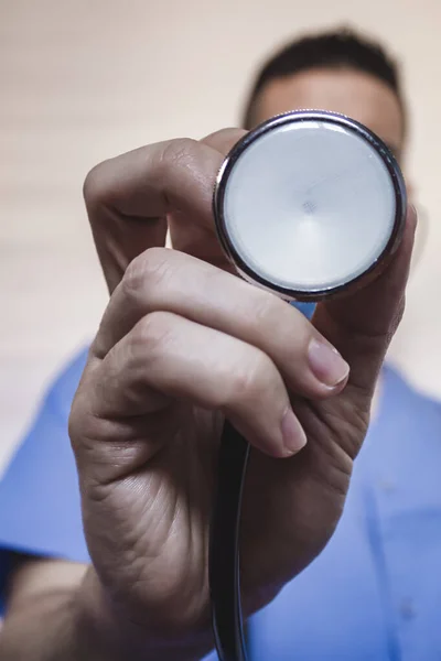 Krankenschwester Mit Einem Stethoskop Der Hand Covid Telemedizinisches Konzept — Stockfoto