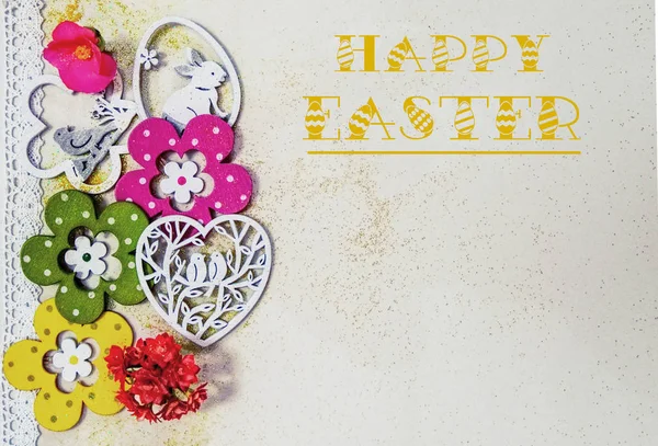 Osterkarte Mit Blumen Vögeln Kaninchen Und Brokat — Stockfoto