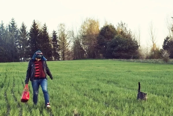 女の子は野原で猫と一緒に歩いている — ストック写真